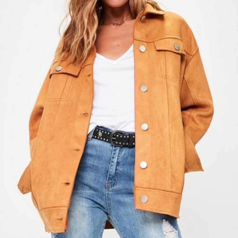 Tan oversized faux suede jacket.